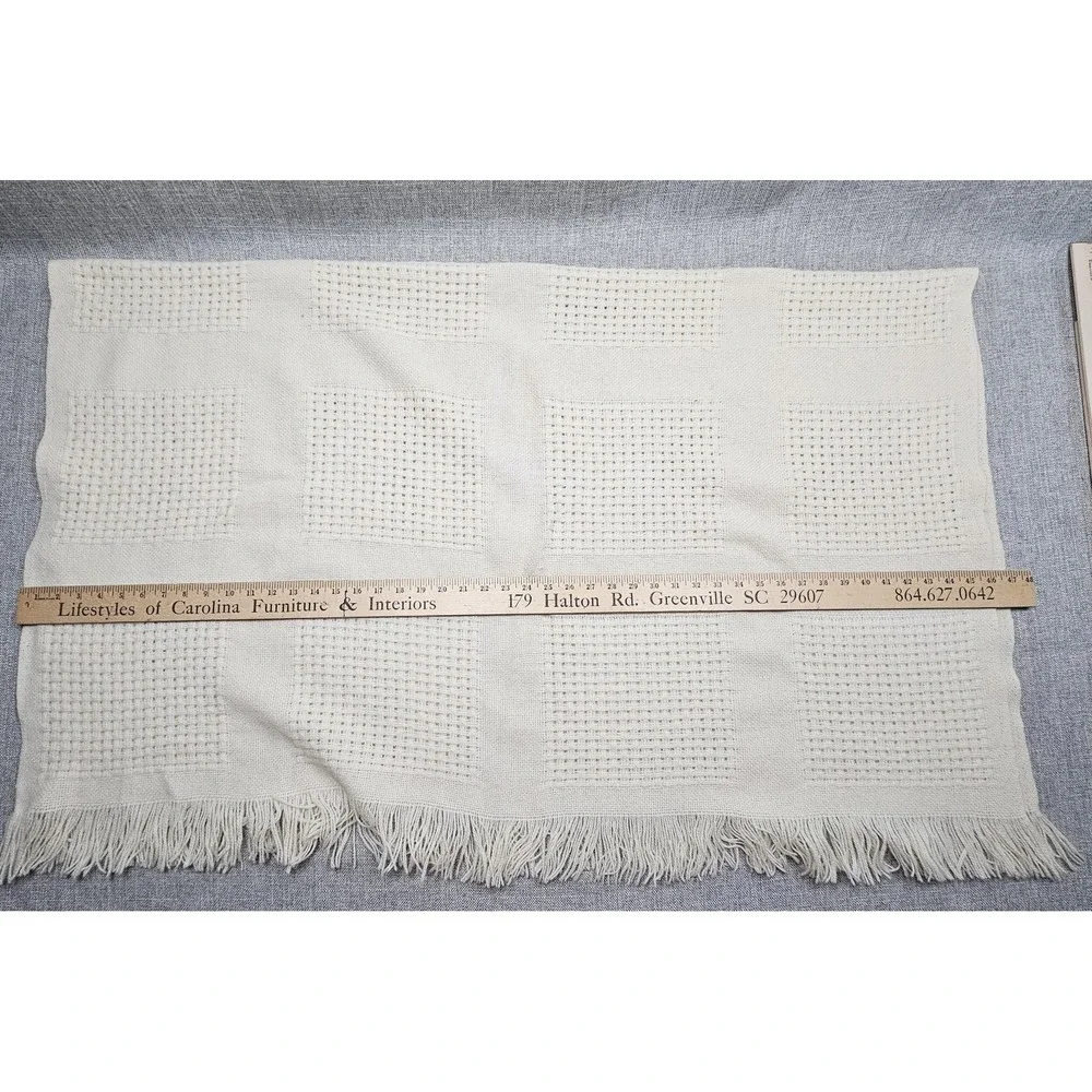 Faribo Wool Throw Blanket 47x60 Beige Waffle Knit Check Fringe USA Made